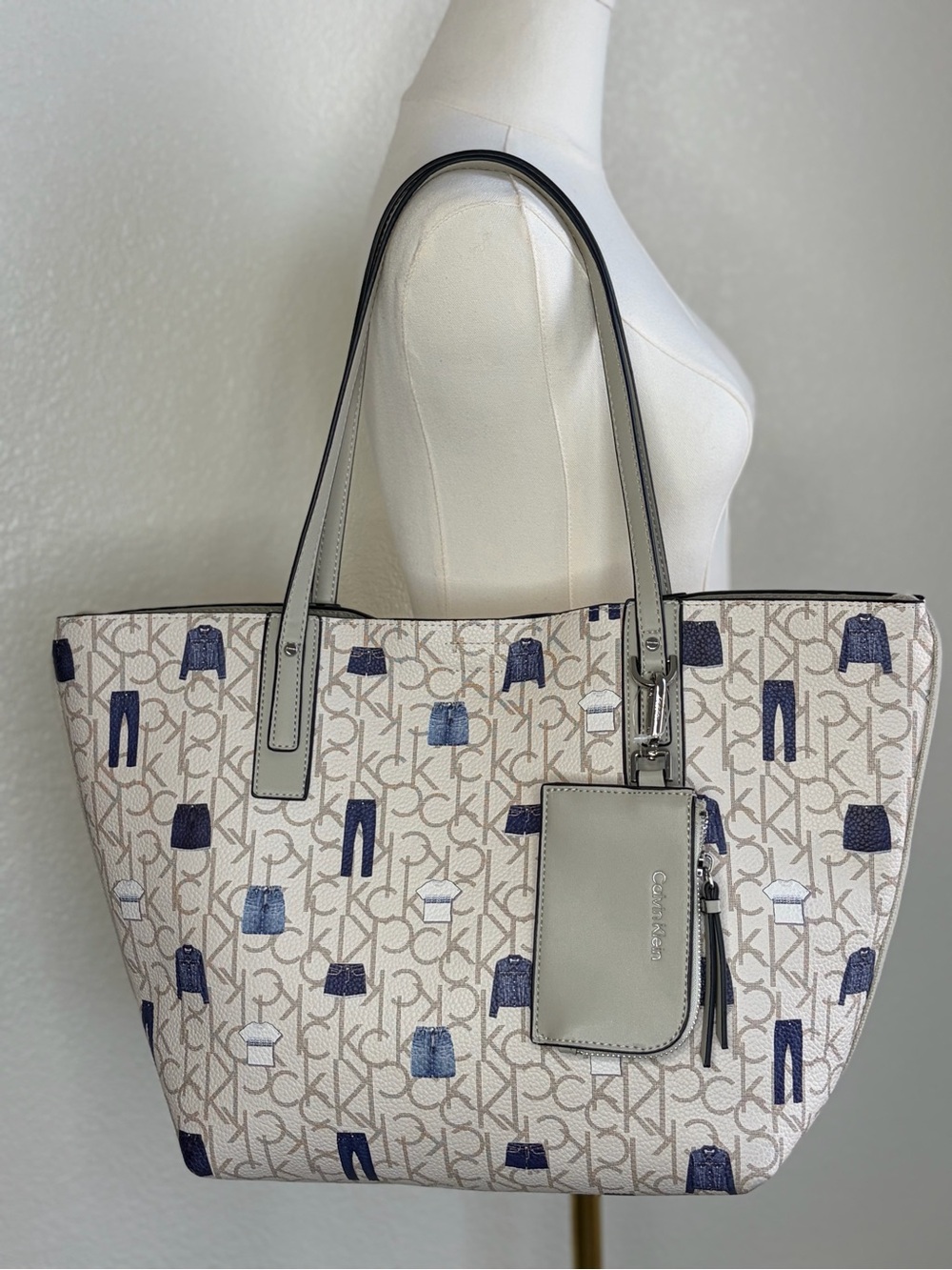 Calvin Klein CK Monogram Denim Print Large Tote Bag With Pouch